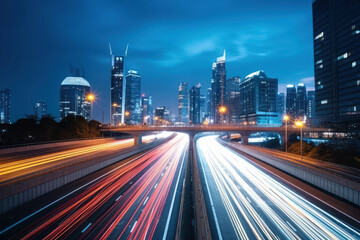 Fototapeta premium traces of traffic lights in the night city, traffic, road