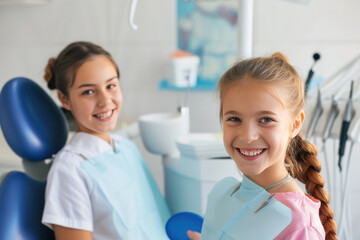 Obraz premium Young woman dentist smiling with little girl patient at clinic