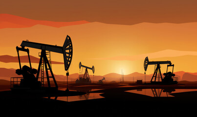 oil pumping derricks, mining, in flat illustration style