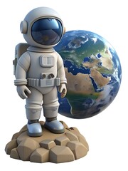an astronaut stands on a rock in front of a planet.