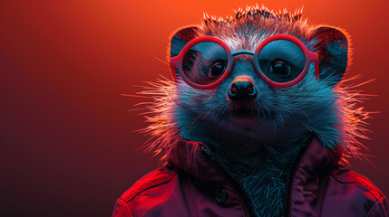 A cartoonish animal wearing glasses and a red jacket. The animal has a goofy, playful look to it