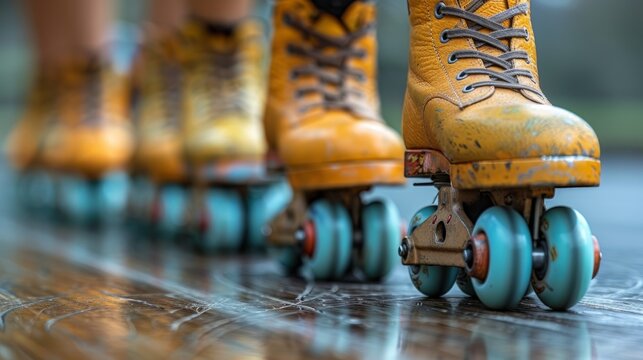 A group of friends is roller skating at a retro rink, embracing the nostalgia of 1970s roller disco. The concept of nostalgic roller skating is depicted.