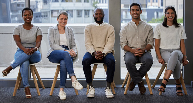 Business people, portrait and waiting room with line for interview, career or job opportunity at office. Diversity, group or happy employees and candidates in row with smile on chairs at workplace