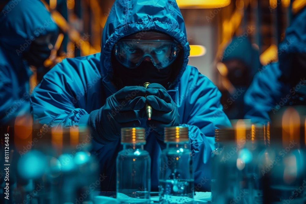 Poster a focused scientist works meticulously with laboratory samples within a high-tech, sterile lab envir