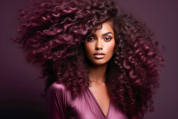 Fototapeta premium burgundy color background hair, purple background model, African American, trendy fashion, portrait, close-up
