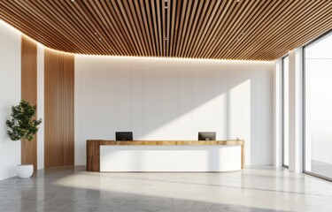 White wall and wood grain reception desk in a modern office interior with a wooden ceiling, mockup for design presentation in the style of wood grain