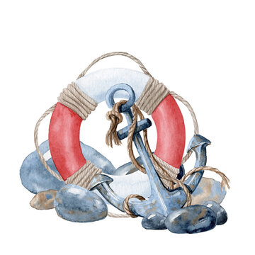 recommend clip art: Sea watercolor composition with Anchor and Life preserver with a Stones all around. hand painted illustration