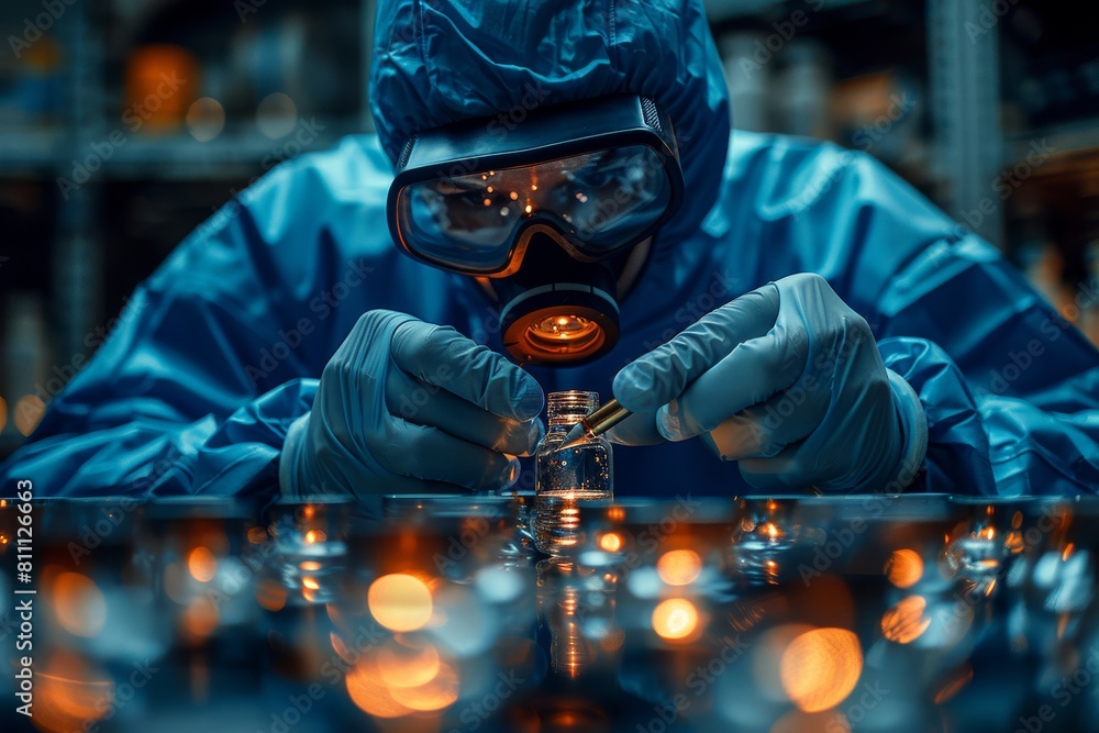Poster a scientist is focused on examining a microscopic sample, amidst a blue-lit lab setting, emphasizing