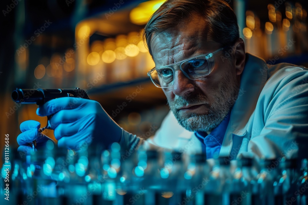 Poster partially visible scientist examining a specimen with a pipette in a futuristic blue-lit laboratory