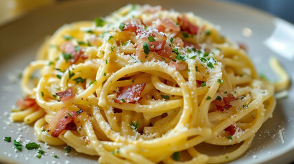 Delight your taste buds with a plate of piping hot spaghetti pasta carbonara, topped with crispy bacon, grated cheese, and a hint of black pepper, while steam billows enticingly from the dish.