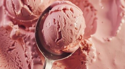 Scoops of pink ice cream with spoon.