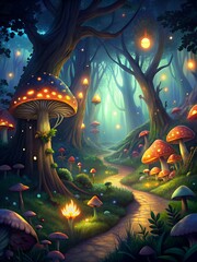 a forest with mushrooms and mushrooms in the forest.