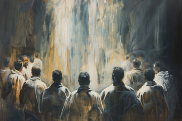 Upper Room Gathering of Disciples, Pentecost a Christian holiday, the descent of the Holy Spirit.