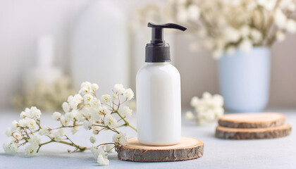Mock-up of cosmetic bottle with dispenser. Face cleanser. Body lotion. Natural skin care product.