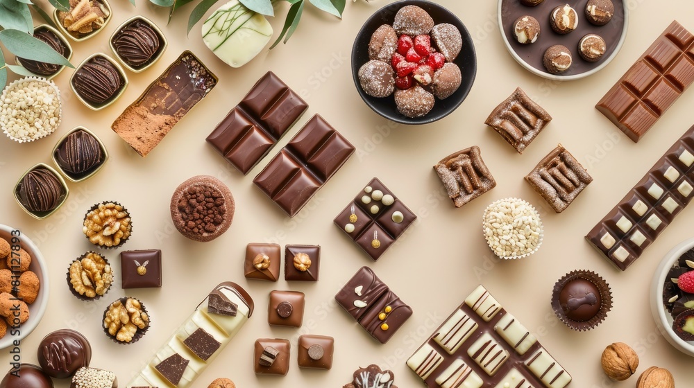 Poster indulge in a delightful array of artisanal chocolates exquisite candies and crunchy nuts elegantly d