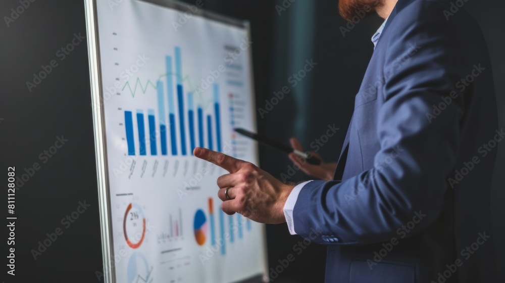 Poster A businessman pointing at a bar graph on a flip chart during a presentation, discussing business performance and growth strategies.