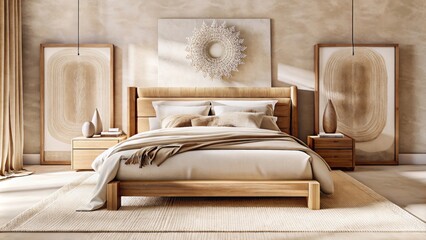 minimalist bedroom, modern interior design, light brown and beige color scheme, wooden furniture