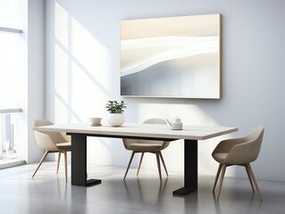 /imagine: prompt: Minimalist dining room with a large painting on the wall