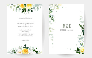 Yellow rose, peony, white lilac, tulip, magnolia, spring garden flowers, mint eucalyptus, greenery, fern,vector design frames. Wedding summer bouquet invitations. Elements are isolated and editable