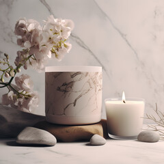 Candle mockup on stone table and spring flowers in natural colors