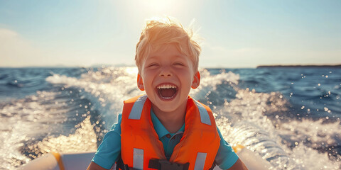Portrait of cite little blond happy excited smiling caucasian boy wear lifevest enjoy sailing on motor boat sea against blue sky and water splash wave sun backlit.