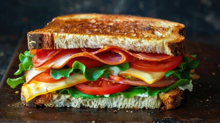 Sandwich with ham, cheese, tomato and lettuce on a dark background