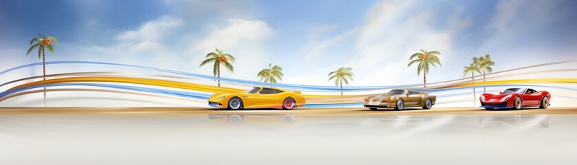 Three sports cars drive along a curved road next to the beach.