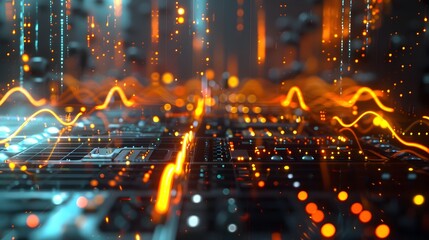Awe Inspiring Futuristic Technological Landscape with Glowing Waves and Pulsing Lights