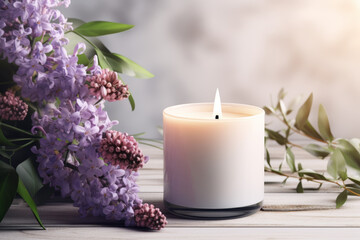 Candle mockup on wood table with with lilac in natural colors against sunset background