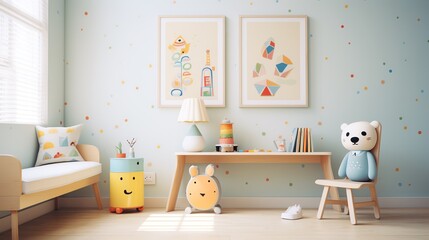 Fototapeta premium A bright and colorful playroom with a table, chair, and lots of toys. There is a window, a rug, and two paintings on the wall.
