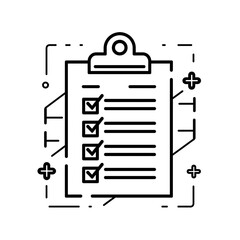 Outline icon of checklist using black line and minimal design. White background.