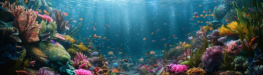 A colorful underwater scene with many fish and coral