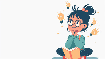 A cartoon illustration with a white background. A girl student is sitting, happily contemplating new ideas. There is blank space provided for writing text