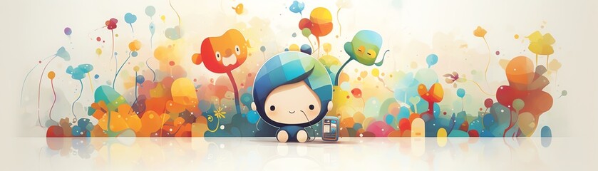 A cute cartoon character is sitting on a white surface in front of a colorful abstract background.