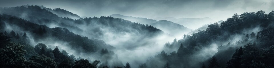Grey cloud cover over a misty mountain with windblown trees on a cloudy day - Powered by Adobe