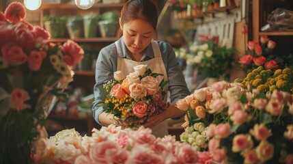 A beautiful florist carefully arranges a bouquet of roses.