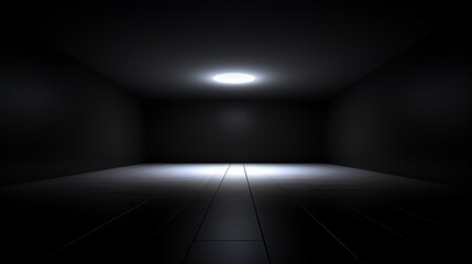A dark room with a single light in the ceiling.