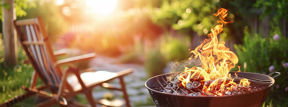 fire in a grill on the garden with deck chairs, copy space for a text banner background. Summer time concept. Barbeque party at home outdoors in the backyard