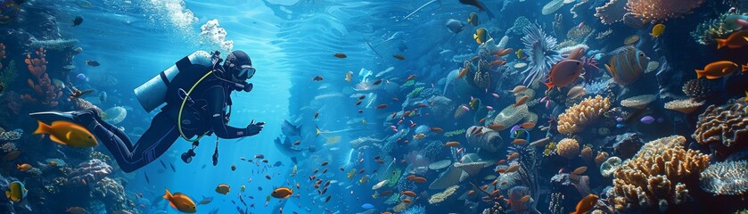 Fototapeta premium A man is diving into the ocean with a group of fish swimming around him