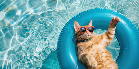 Cute orange cat in sunglasses. The cat relaxes in the pool, swimming in the cool water with soft blue water.