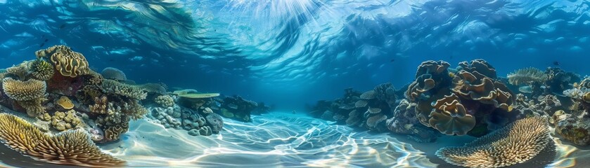 A beautiful blue ocean with a sandy bottom and a few rocks
