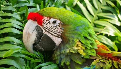 Illustrate the vibrant plumage of a tropical parrot amidst the lush foliage of a rainforest canopy." oiseau, perroquet, animal, bec, nature, tropical, coloré, vert