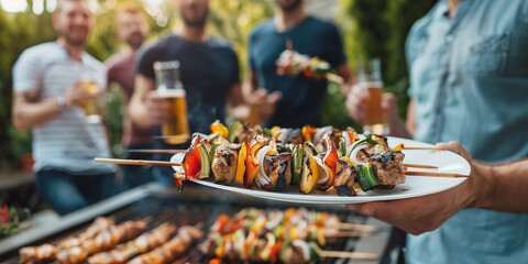 friends having fun at a backyard barbecue party. Men holding a white plate with kebab and beer in...