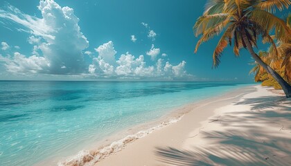 On a sunny day with white sand, turquoise ocean, blue sky, clouds and palm trees over the water. Maldives, perfect tropical landscape, ultra wide format.
