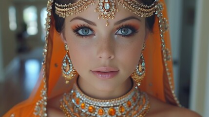 Exquisite indian punjabi bride close up showcasing intricate makeup and ornate jewelry