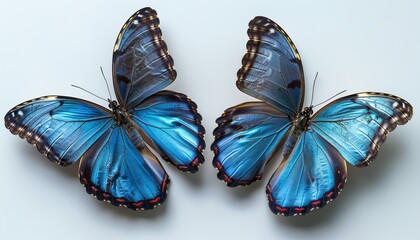 The image shows two beautiful blue tropical butterflies with their wings spread in flight isolated on a white background, close-up macro.