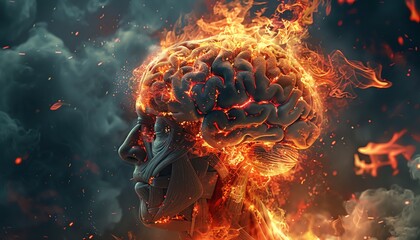 Illustration of a brain engulfed in flames on a dark, moody background, depicting mental overload