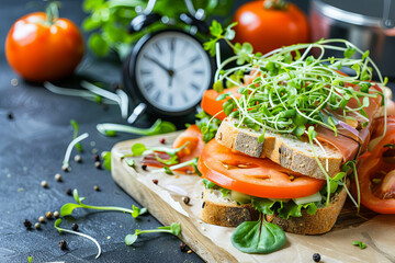 Alarm clock, healthy sandwiches with whole grains bread, microgreens, fresh vegetables Ketogenic diet