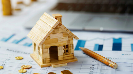 A house model and coins with financial investment graph