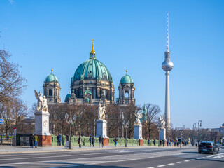 The Berlin Cathedral, or Evangelical Supreme Parish and Collegiate Church, basking under a clear...
